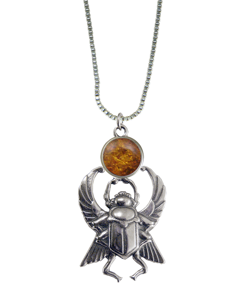 Sterling Silver Sacred Scarab Pendant With Amber